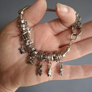Rhinestone Teddy Bear Angel European Silver Snake Chain Charm Bracelet.